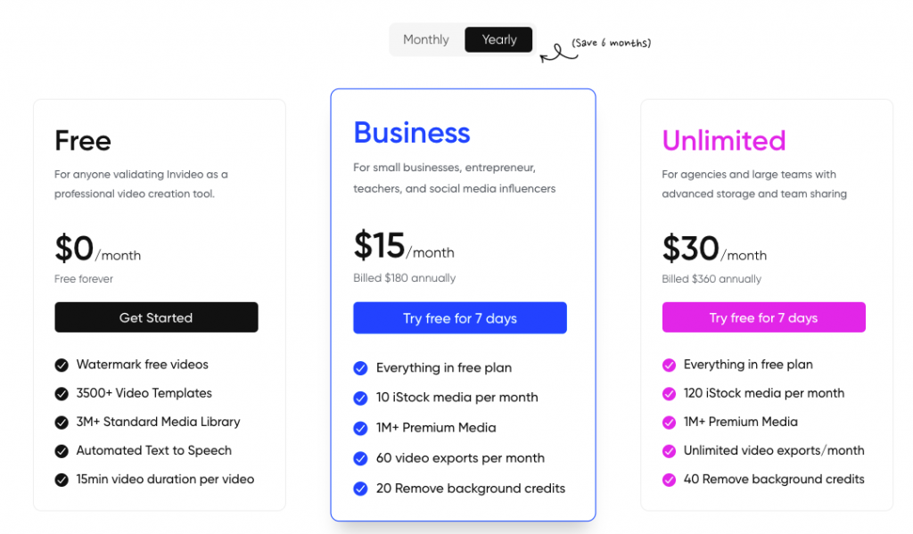 invideo pricing table